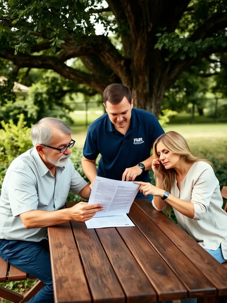 A homeowner consulting with a TJB Construction expert while reviewing insurance documents, illustrating the company's insurance claims assistance service.