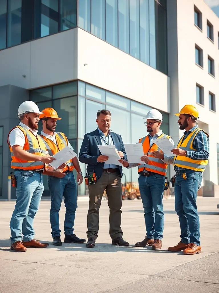 An image of TJB Construction team assisting a commercial client with an insurance claim for roof damage, showing them reviewing documents and discussing the claim process with the client.
