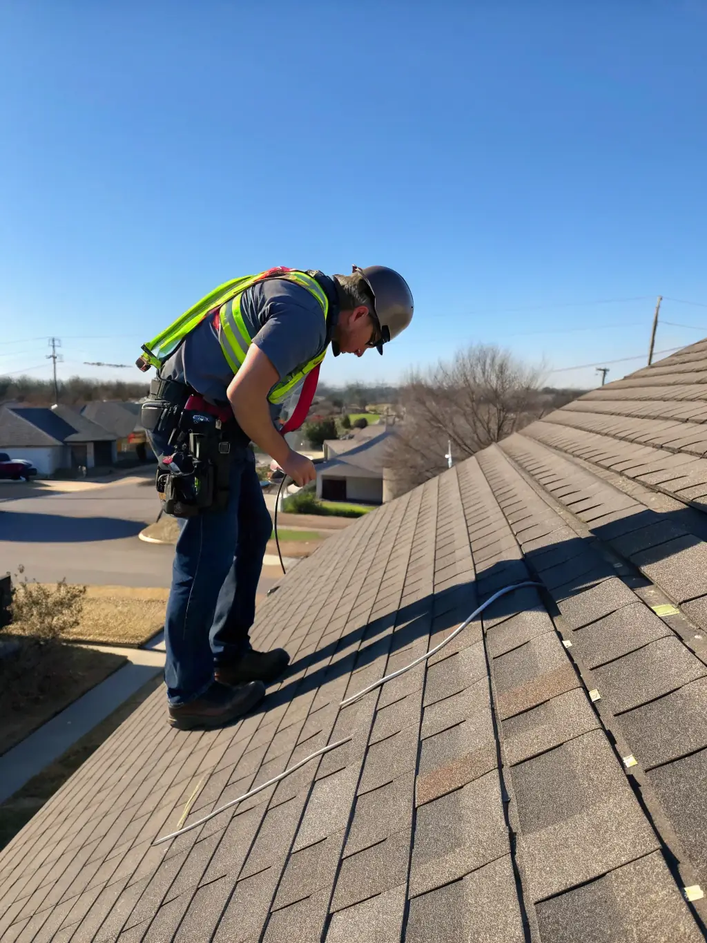 A roofer inspecting a residential roof for storm damage, focusing on shingle integrity and potential leaks, under a clear blue Florida sky.