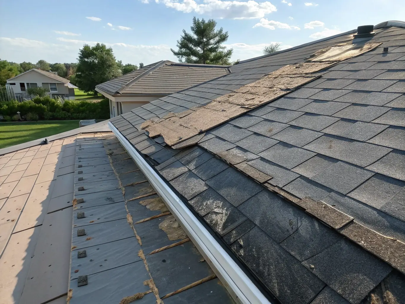 A damaged roof after a storm, with a TJB Construction representative assisting a homeowner with the insurance claim process.