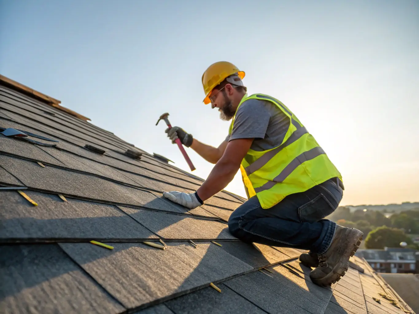 A residential roof being repaired by a TJB Construction worker, showcasing attention to detail and quality workmanship.