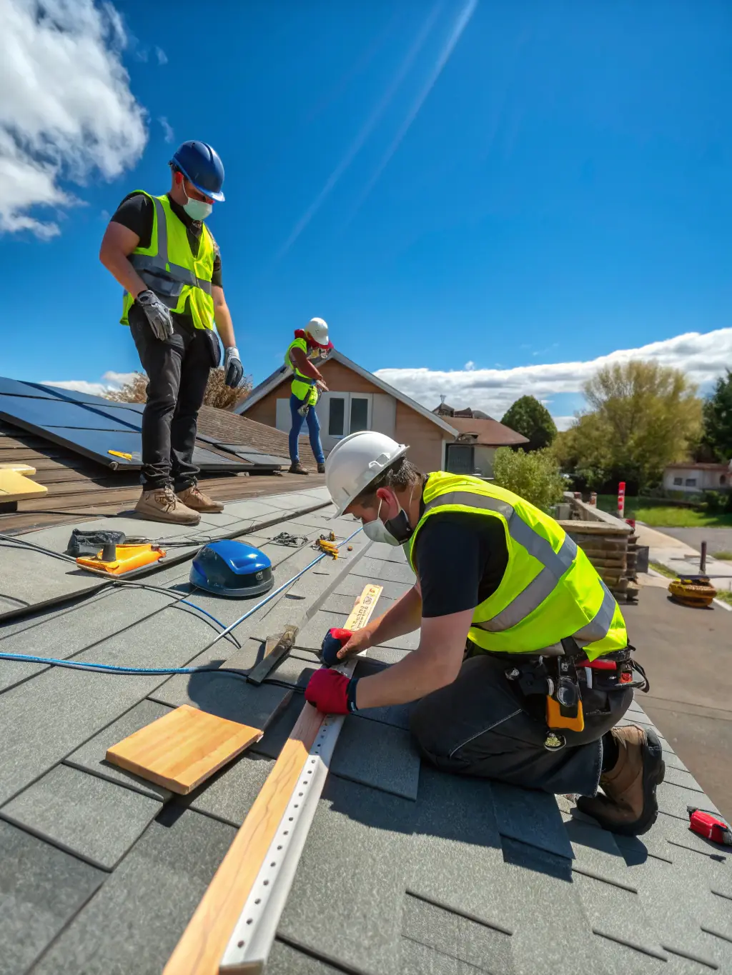 A team of roofers installing a new tile roof on a commercial building, showcasing precision and quality workmanship.