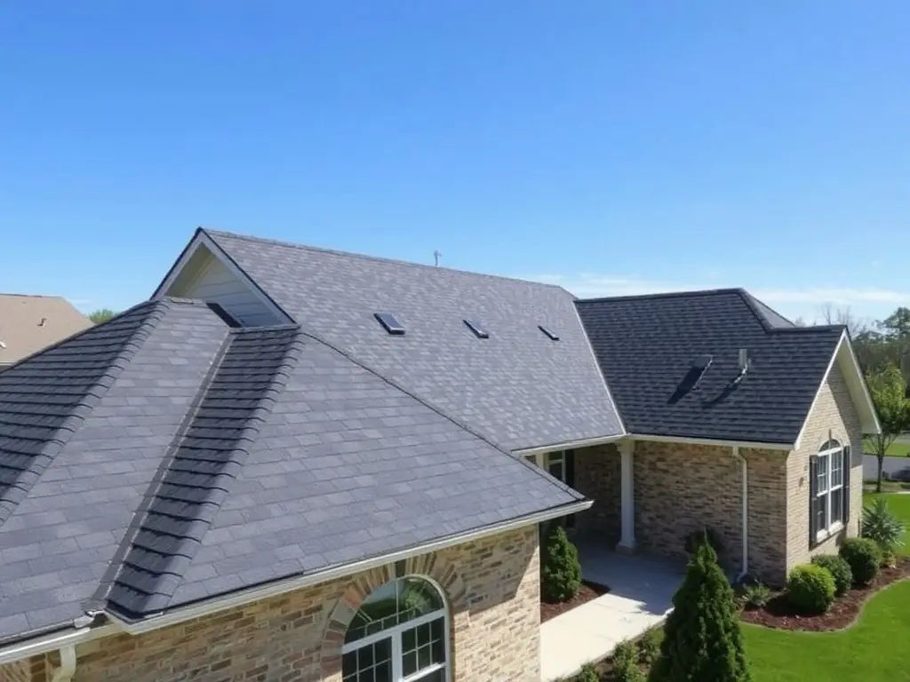 A residential home with a newly installed shingle roof, showcasing its durability and aesthetic appeal. The image should be taken during a sunny day to highlight the quality of the roofing material.