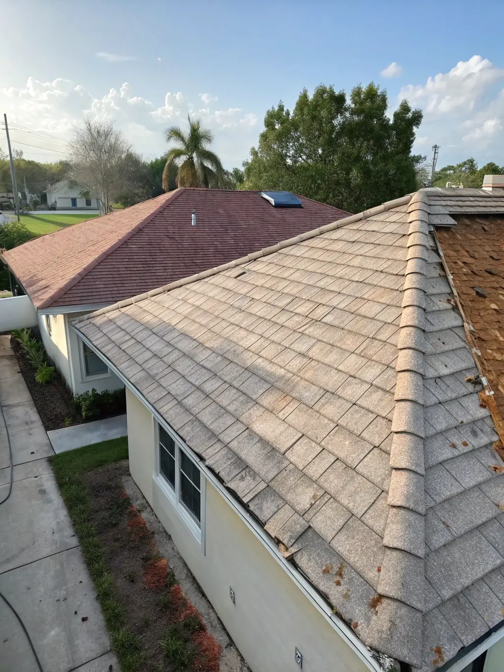 A before-and-after shot of a roof replacement, showing the old, worn-out roof being replaced with a new, modern roof.