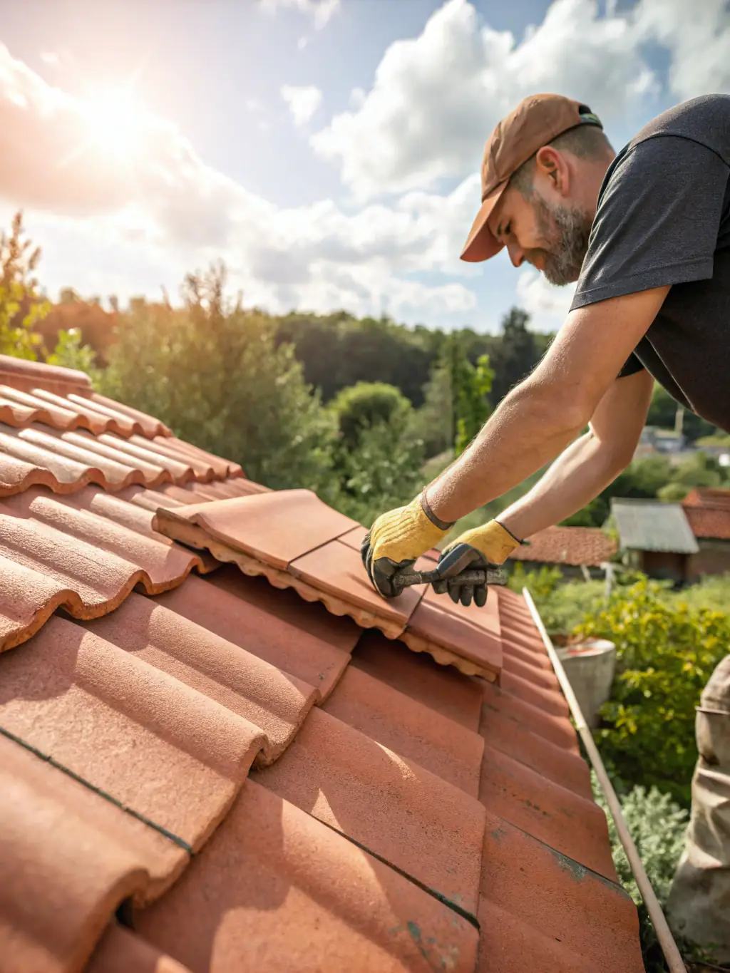 A close-up of a TJB Construction worker repairing a damaged roof tile, emphasizing the company's commitment to quality repairs.
