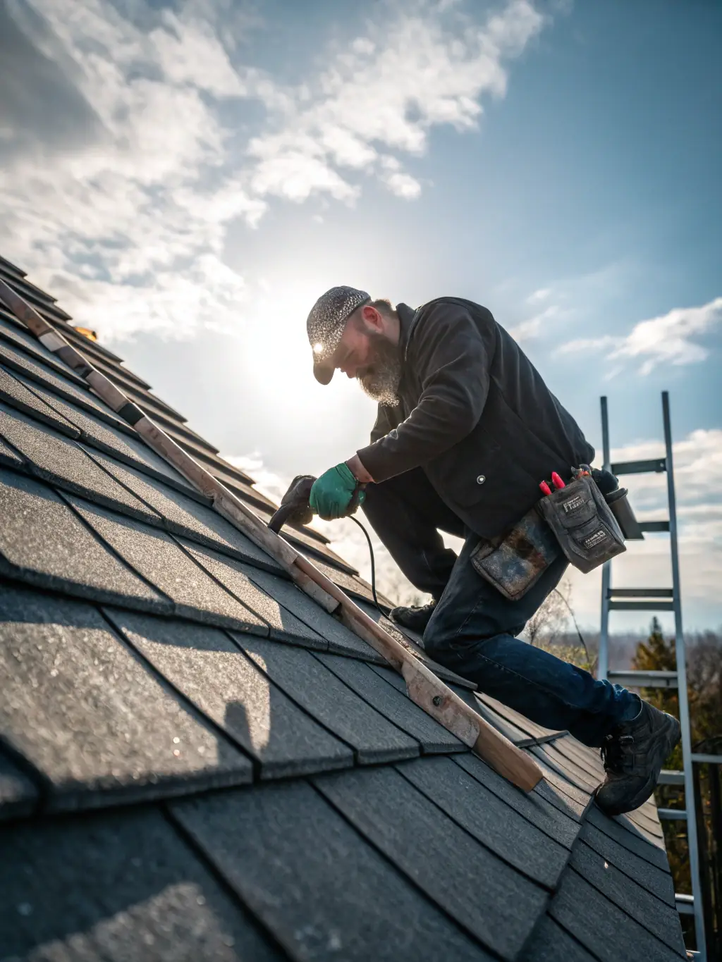A roofer repairing a damaged roof tile, with safety equipment visible. The image should highlight the precision and care taken during repairs.