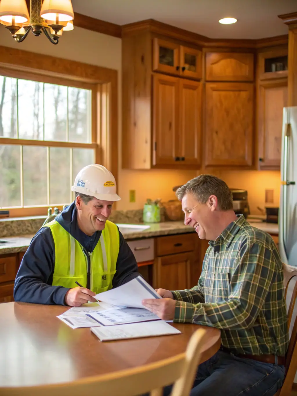 A homeowner discussing an insurance claim with a TJB Construction representative, emphasizing clear communication and support.