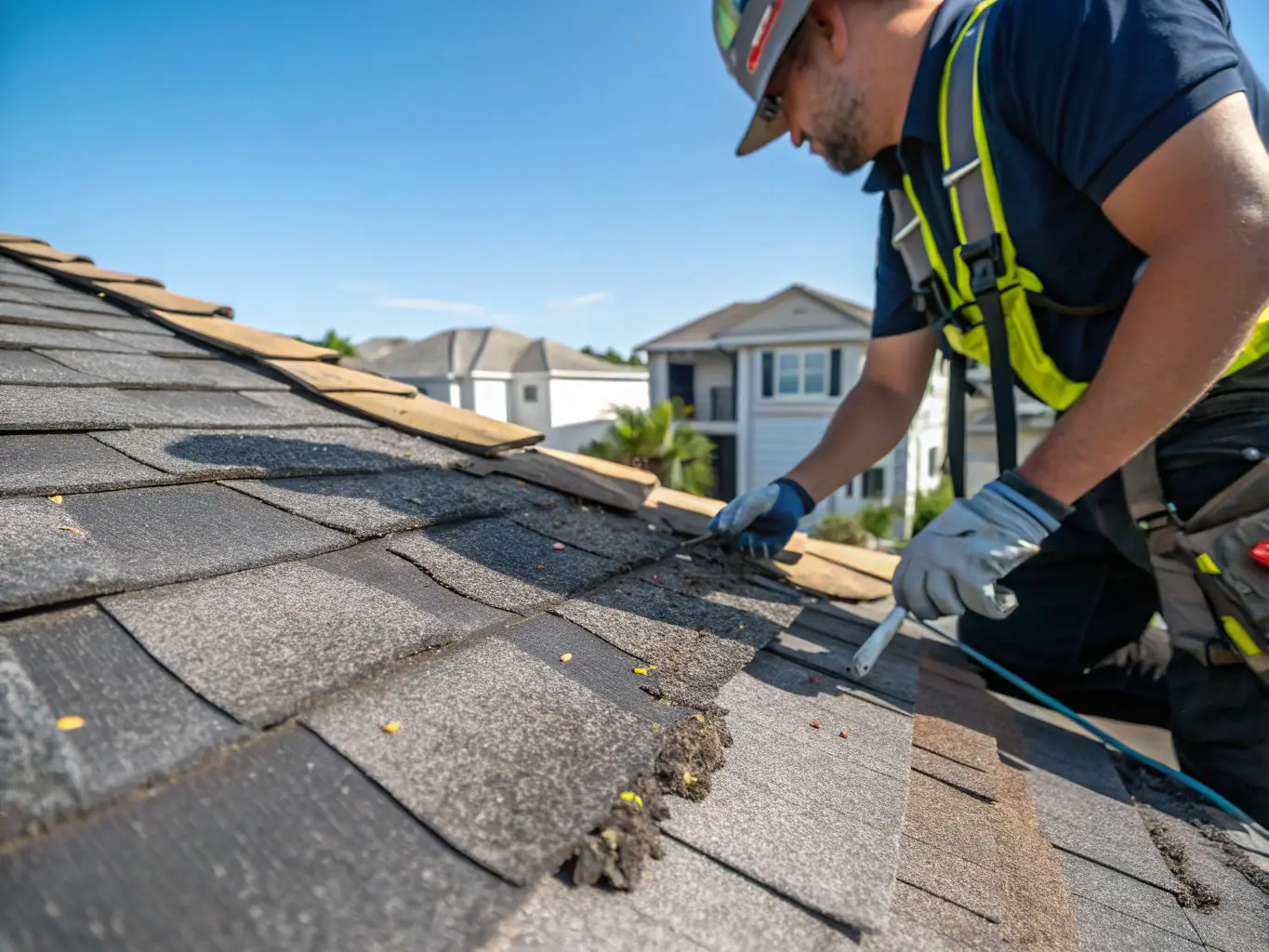A close-up shot of a roofing specialist inspecting a commercial roof after a storm, with visible damage such as displaced shingles and dents. The specialist is using a tablet to document the findings.
