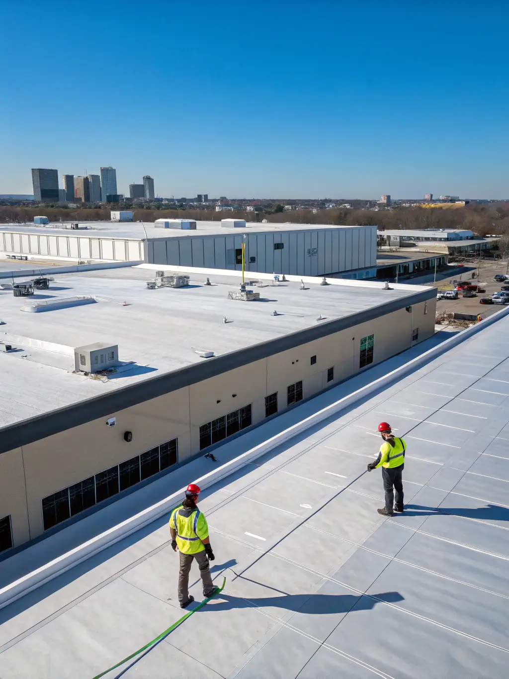 A commercial building with a newly installed flat roof, with workers inspecting the surface, highlighting TJB Construction's expertise in commercial roofing.