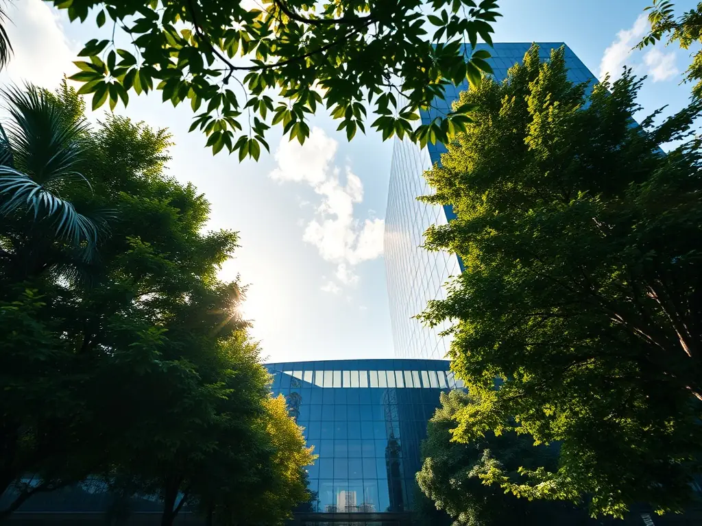 A wide, high-angle shot of a newly installed, pristine white TPO flat roof on a large commercial building, showcasing its clean lines and reflective surface under a clear blue sky. The building is a modern office complex with glass windows.