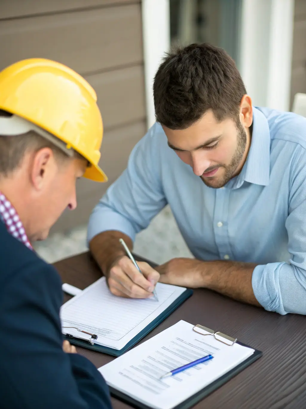 A representative assisting a homeowner with an insurance claim, with paperwork and a damaged roof in the background.