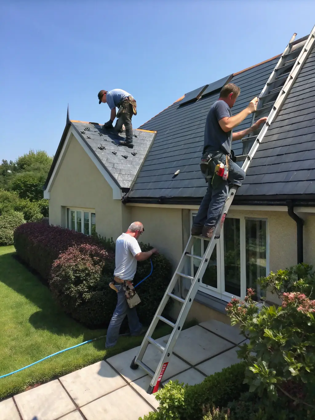 A team of roofers installing a new asphalt shingle roof on a suburban home with clear skies in the background, showcasing TJB Construction's residential roofing services.