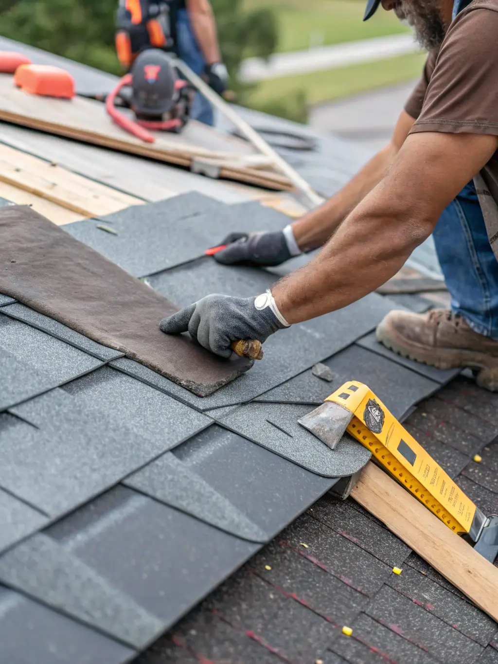 A close-up shot of TJB Construction workers repairing a damaged tile roof on a residential property, showcasing their attention to detail and commitment to restoring the roof's integrity.
