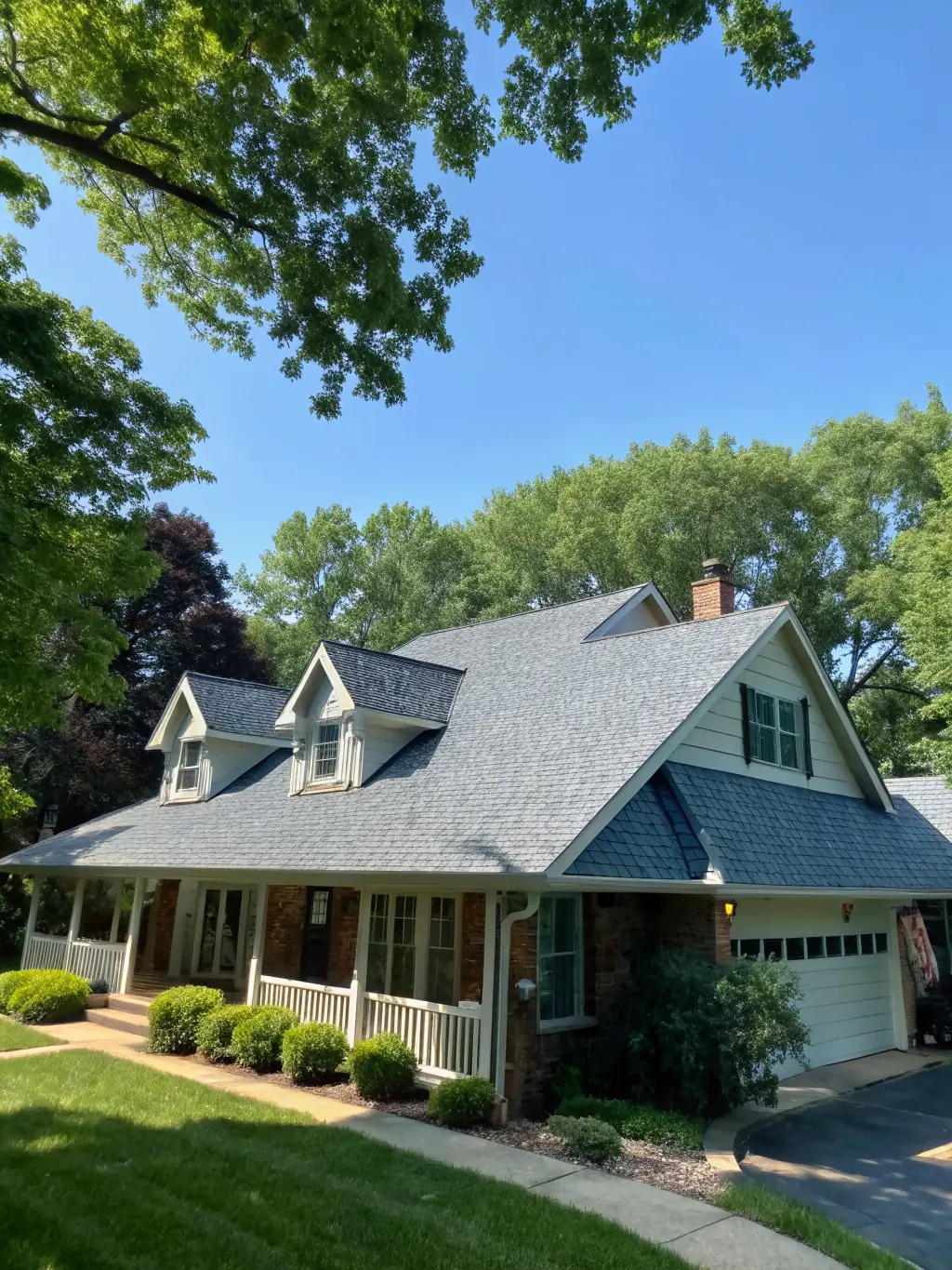 A high-angle, sunlit photograph of a newly installed residential asphalt shingle roof by TJB Construction, showcasing clean lines and quality workmanship, with a well-maintained lawn and landscaping in the foreground.