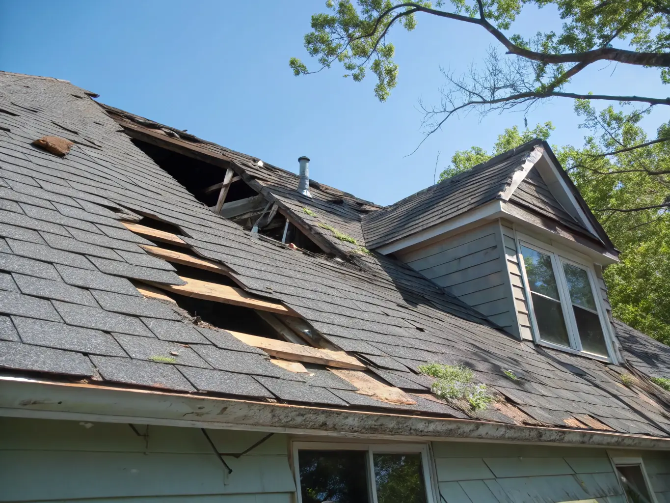 A damaged roof with missing shingles after a storm, illustrating the need for prompt and reliable repair services. The image should convey a sense of urgency and the importance of timely repairs.